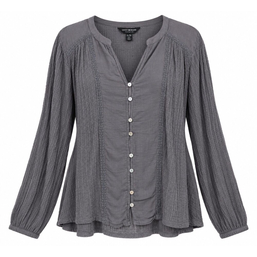 Boho Gauze Peasant Blouse Lucky Brand Gray Split Neck Button Front Size XL